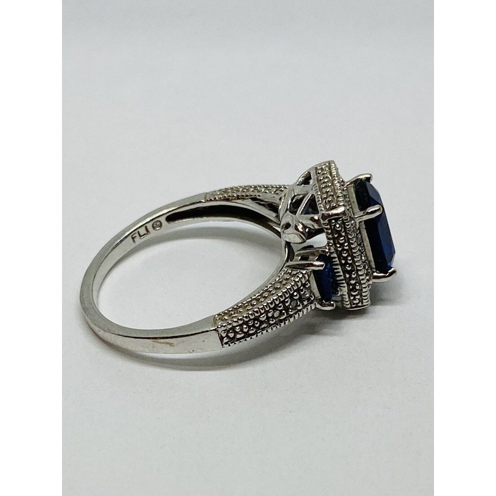 10k White Gold Blue Sapphire & Diamond Halo Ring Signed FLI Size 6.75 - Picture 2 of 12